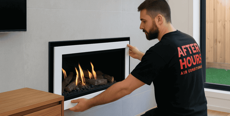 HVAC technician installs a new gas log fireplace